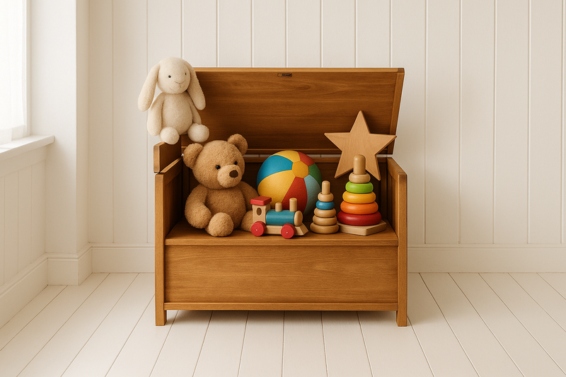 picture of a toy box in a white wooden background room 